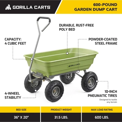 Gorilla Carts 600 Pound Capacity Heavy Duty Poly Yard Garden Steel Quick Dump Utility Wheelbarrow Wagon Trolley Cart With Straight Pull Handle, Green 2 Gorilla Carts 600 Pound Capacity Heavy Duty Poly Yard Garden Steel Quick Dump Utility Wheelbarrow Wagon Trolley Cart With Straight Pull Handle, Green