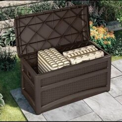 Suncast DBW7500 73 Gallon Outdoor Patio Storage Chest With Handles & Seat, Java