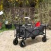 Outsunny Collapsible Wagon, Graden Carts With Wheels, Adjustable Handle, Folding Table And Cup Holders, Dark Gray