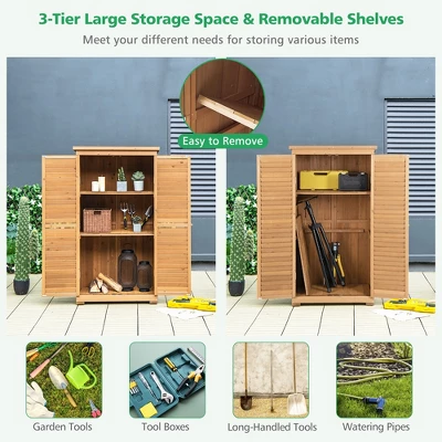 Costway Outdoor Fir Wood Storage Shed Garden Tool Cabinet Locker Tall Vertical Organizer 6 Costway Outdoor Fir Wood Storage Shed Garden Tool Cabinet Locker Tall Vertical Organizer - Image 4