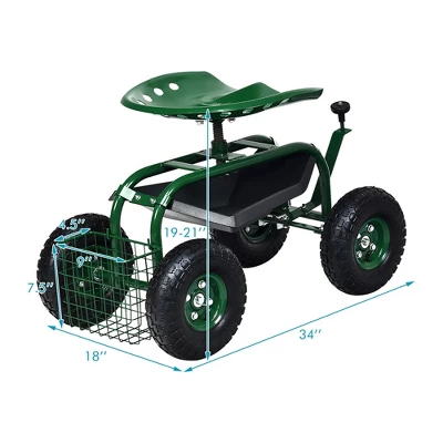 Costway Garden Cart Rolling Work Seat W/ Tool Tray Basket Green 9 Costway Garden Cart Rolling Work Seat W/ Tool Tray Basket Green - Image 7