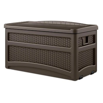 Suncast 73 Gallon Deck Box & Wicker Trash Hideaway Outdoor Garbage Bin, Java 2 Suncast 73 Gallon Deck Box & Wicker Trash Hideaway Outdoor Garbage Bin, Java