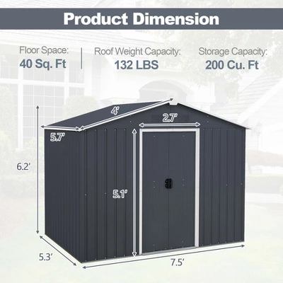 Costway 5.7 FT X 7.5 FT Outside Storage Shed Double Door Outdoor Tool House WithAir Window 4 Costway 5.7 FT X 7.5 FT Outside Storage Shed Double Door Outdoor Tool House WithAir Window - Image 2