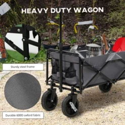 Outsunny Collapsible Wagon, Graden Carts With Wheels, Adjustable Handle, Folding Table And Cup Holders, Dark Gray -Landscape Zone GUEST a82e1ba0 5efd 460b 8260 8628e4052490