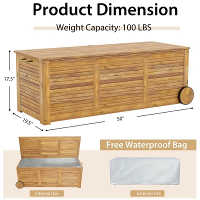 Costway 48 Gallon Acacia Wooden Patio Storage Deck Box Outdoor Storage Box With Wheels 4 Costway 48 Gallon Acacia Wooden Patio Storage Deck Box Outdoor Storage Box With Wheels - Image 2