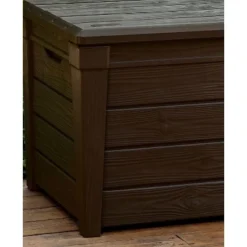 Keter Large 120 Gallon Waterproof All-Weather Resistant Wood Panel Outdoor Deck Garden Storage Box Bench - Brown