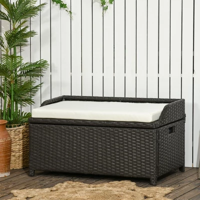 Outsunny Storage Bench Rattan Wicker Garden Deck Box Bin With Interior Waterproof Bag And Comfy Cushion, Cream White 4 Outsunny Storage Bench Rattan Wicker Garden Deck Box Bin With Interior Waterproof Bag And Comfy Cushion, Cream White - Image 2
