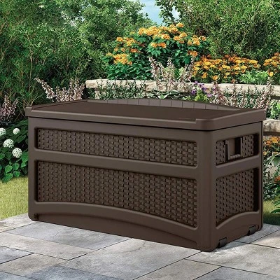 Suncast 73 Gallon Deck Box & Wicker Trash Hideaway Outdoor Garbage Bin, Java 4 Suncast 73 Gallon Deck Box & Wicker Trash Hideaway Outdoor Garbage Bin, Java - Image 3